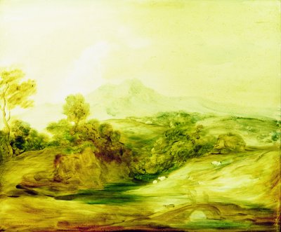 Bewaldete Flusslandschaft mit Figuren auf einer Brücke, ca. 1783-4 von Thomas Gainsborough